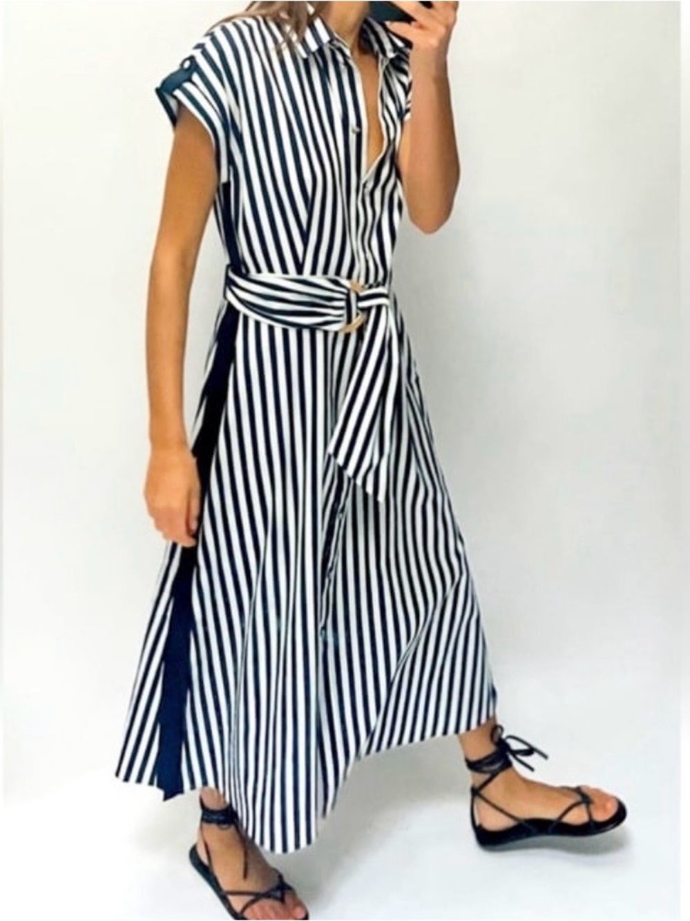 🆕- ZARA NAVY & WHITE STRIPED LINEN/COTTON BLEND MIDI DRESS. SIZE: XL